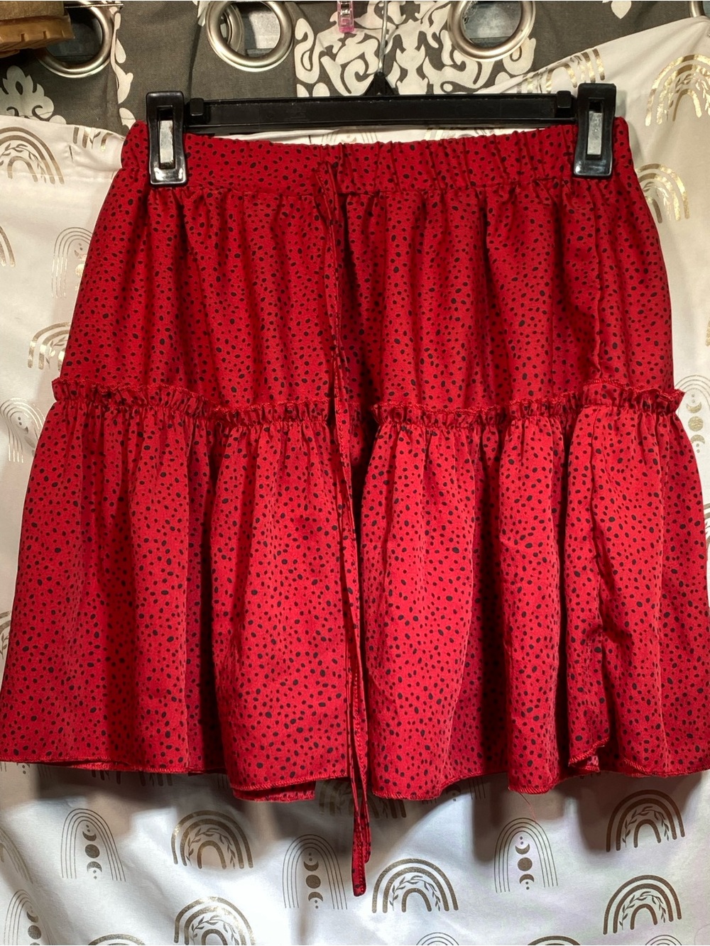 SHEIN Red Tiered Mini Skirt with Black Dot Print